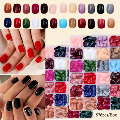 576pcs/Box Colorful Fake Nails Black Red Design Fake Nail Oval Short Square Press On False Nails Mixed Full Cover Nail Tips