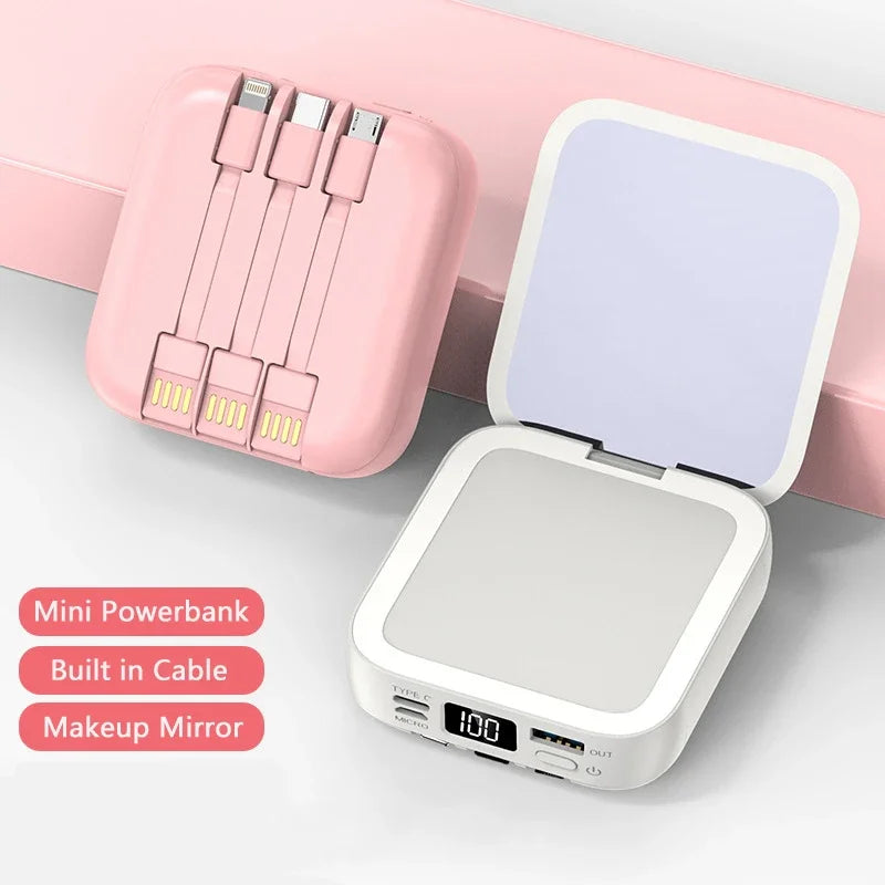 New Mini power bank 20000mAh with makeup mirror, fast charging, portable charger, power bank with cable, mobile phone power bank