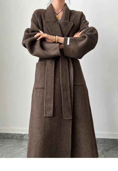 Office Lady Woolen Jackets 2024 Autumn And Winter Bathrobe Style Pocket Double-Sided Loose Lace -Up Tie Women's Long Wool Coats