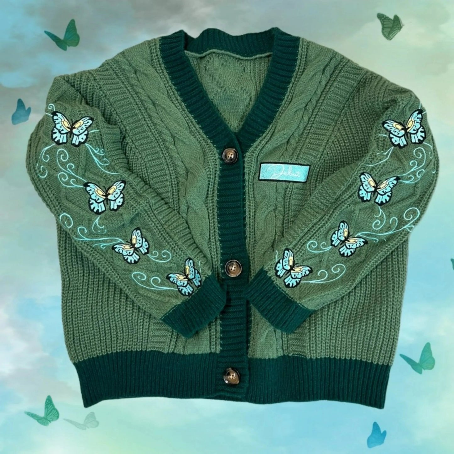 Butterfly Knitted Cardigan Women Dark Green Cardigans with Embroidery Winter Letter Patch Oversized Sweaters Tops Folklore Girl