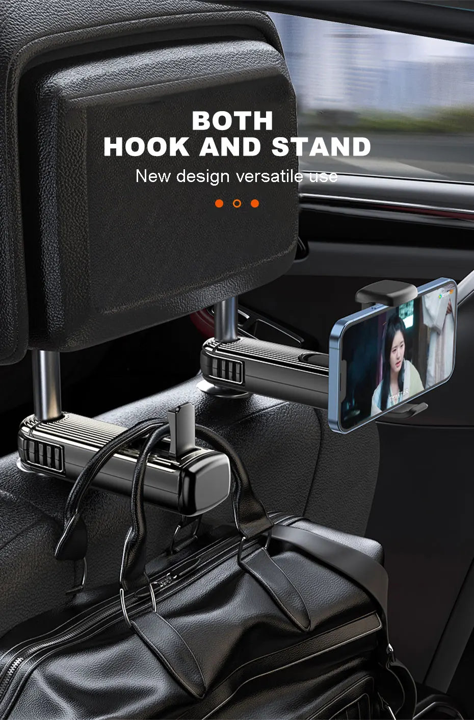 SEAMETAL 2 in 1 Car Seat Back Hook with Phone Holder Stable Headrest Hanging Hook Anti Slip Silicone Pad Hidden Rear Row Hanger