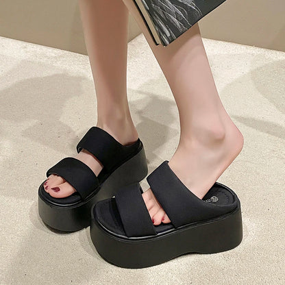 Summer 2023 Chunky Sandals Women's Thick Bottom Wedge Heels Slides 8CM High Heels Platform Leather Casual Beach Flip Flops Woman