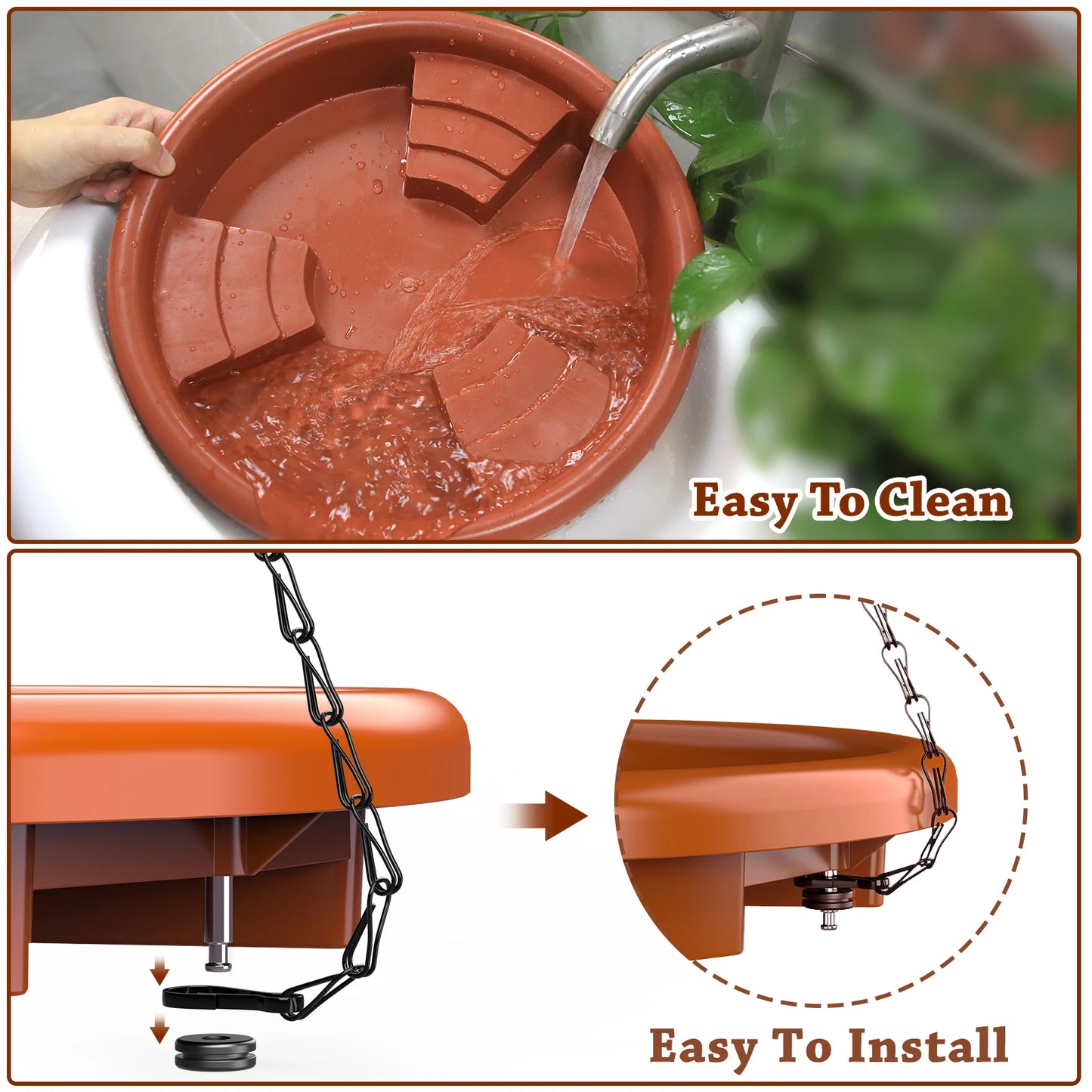 12 Inch Bird feeder Hanging Bird Bath with fountain Outdoor Bird Drinking Bird Tray with Hook and Chain for Garden Yard Patio