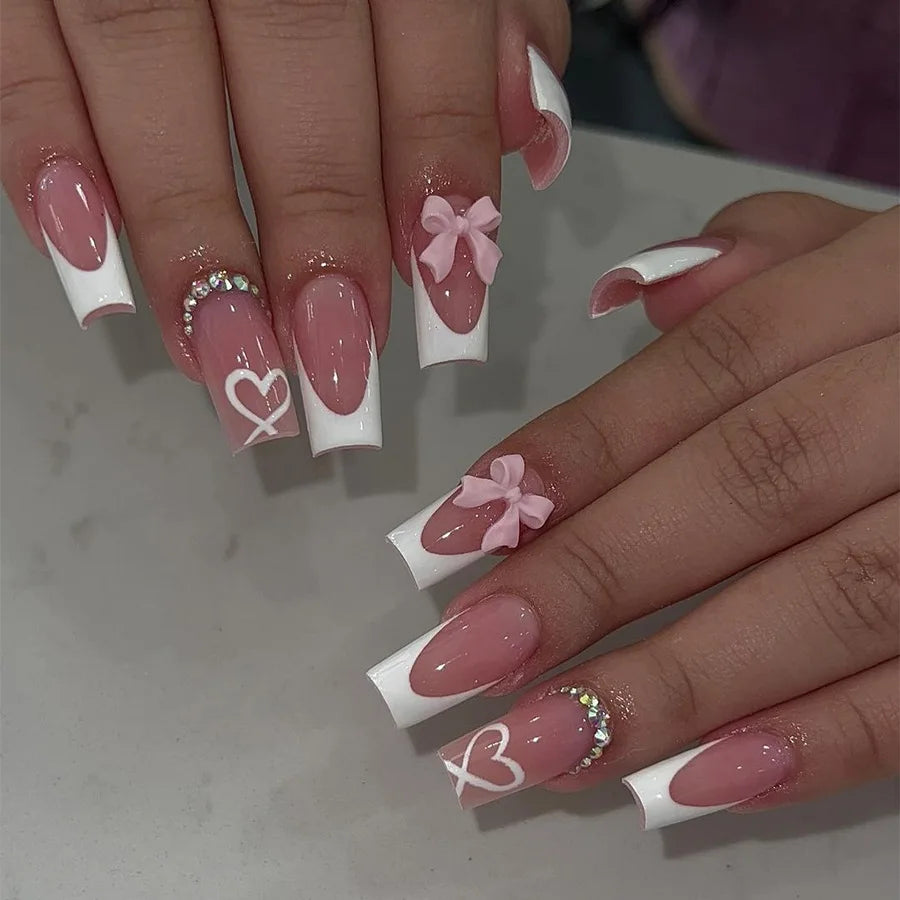 White French Short Press on Nails 3D Bowknot Designs Nude Color Fake Nails Artificial False Nails Tips for Woman DIY Manicure