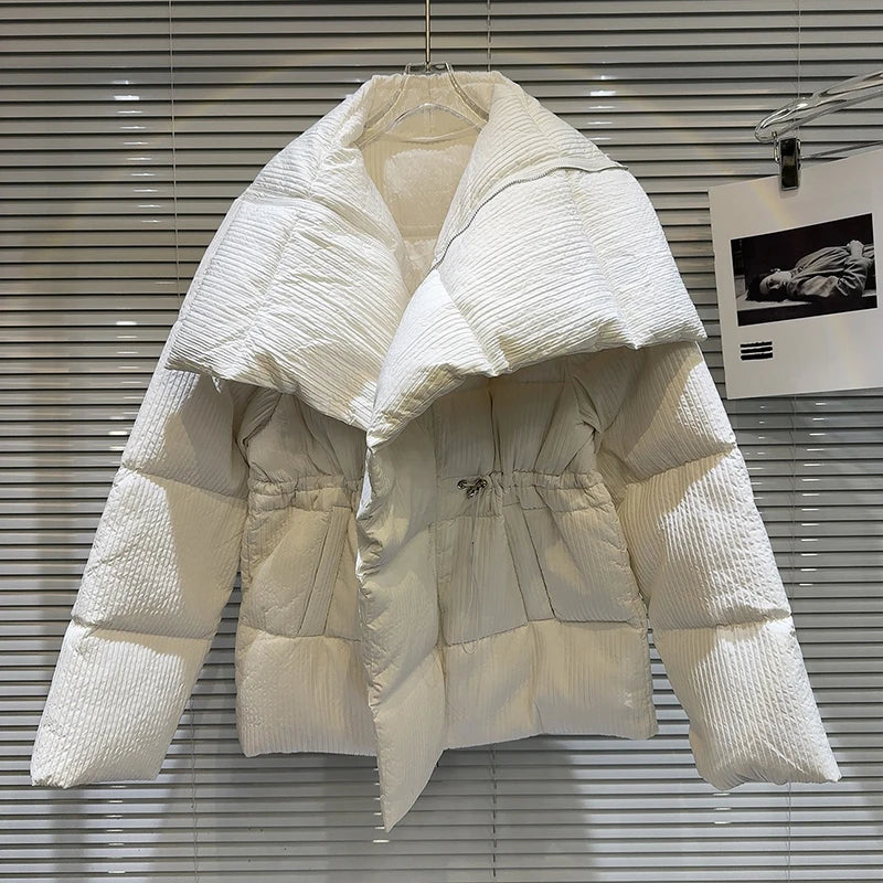 Winter Big Turn Down Collar Long Down Jacket Drawstring Striped Thick Knee Length Overcoat Warm White Duck Down Jacket Women
