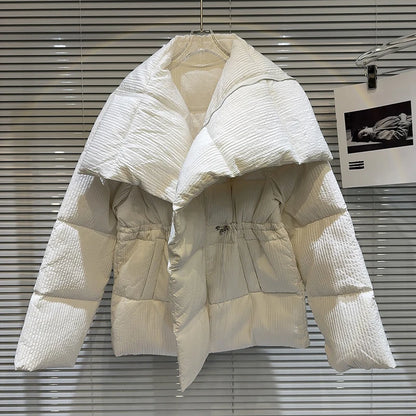Winter Big Turn Down Collar Long Down Jacket Drawstring Striped Thick Knee Length Overcoat Warm White Duck Down Jacket Women