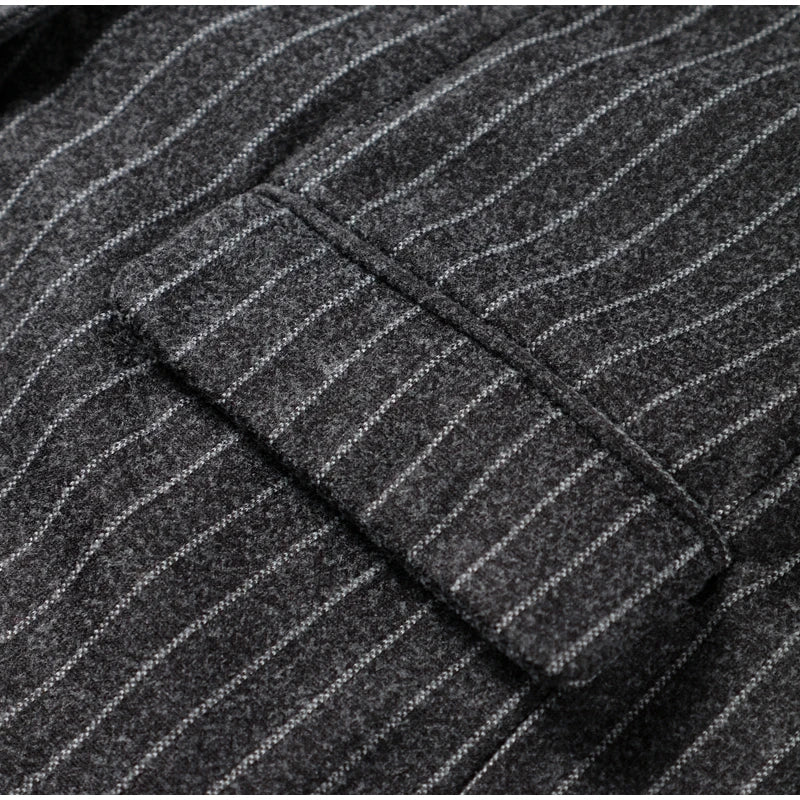 Retro Striped Lapel Woolen Long Coat Women Casual Loose Dark Grey Oversize Coats Female Winter Elegant Chic Outwear