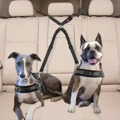 Double Dog Car Harness Safety Seatbelt Adjustable Pet Travel Restraint for 2 Dogs Heavy Duty Crash Tested Elastic Splitter Headr