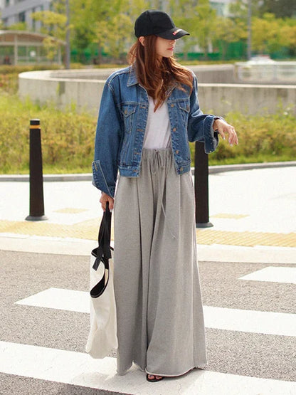 UOOZEE 2025 New Women Palazzo Pants Black Grey Color Spring Summer Fashion Casual High Waisted Wide Leg Trousers Bottoms