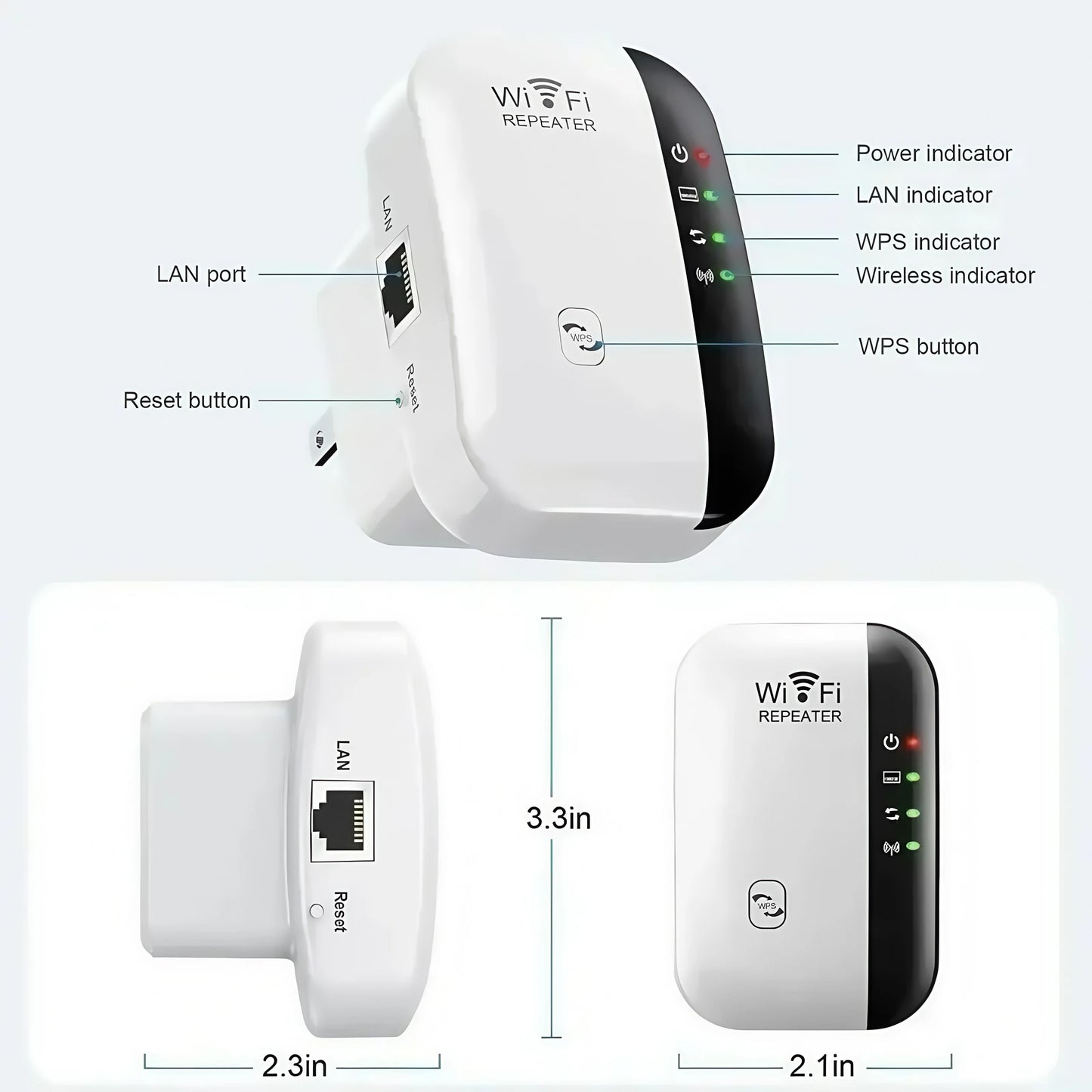 WiFi Extender 300Mbps - Wireless Signal Booster, EU/US Plug, Long Range Coverage Through Walls, Home Router Enhancer for Bedroom
