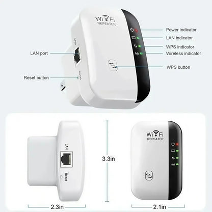 WiFi Extender 300Mbps - Wireless Signal Booster, EU/US Plug, Long Range Coverage Through Walls, Home Router Enhancer for Bedroom