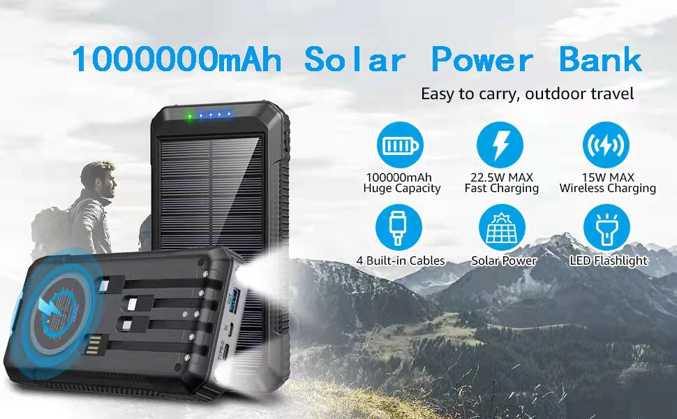 Portable Solar Power Bank Pd22.5W Fast Charging 20000Mah Large Capacity, Wireless Fast Charging and Comes with 4 USB Cable Mobile Power Supply, with Strong Light Led Light, Solar Power Bank Fast Rechargeable Battery