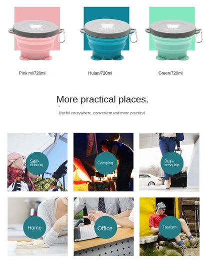 Travel Portable Silicone Folding Bowl Children's Travel Outdoor Tableware with Lid Foldable Noodle Bowl