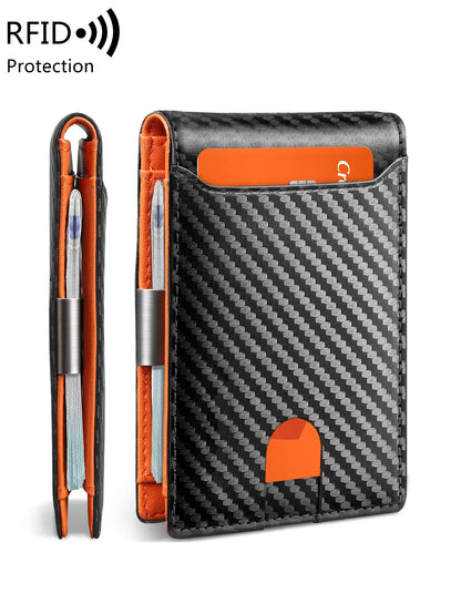 RFID Blocking Carbon Fiber Wallet- Ultra-Slim Bi-Fold Credit Card Holder with ID Window, Portable Front Pocket Money Clip
