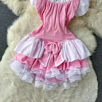 Pink Sweet Women LolitaMini Dress Y2k Servant Low Cut Lace Patchwork Mini Dress Birthday Cocktail Role Play Maid Short Dresses