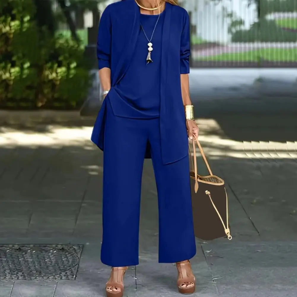 Women Clothes Stylish Women's 3-piece Pantsuit Set with Long Sleeve Cardigan O Neck Vest Wide Leg Trousers Fall Spring Outfit