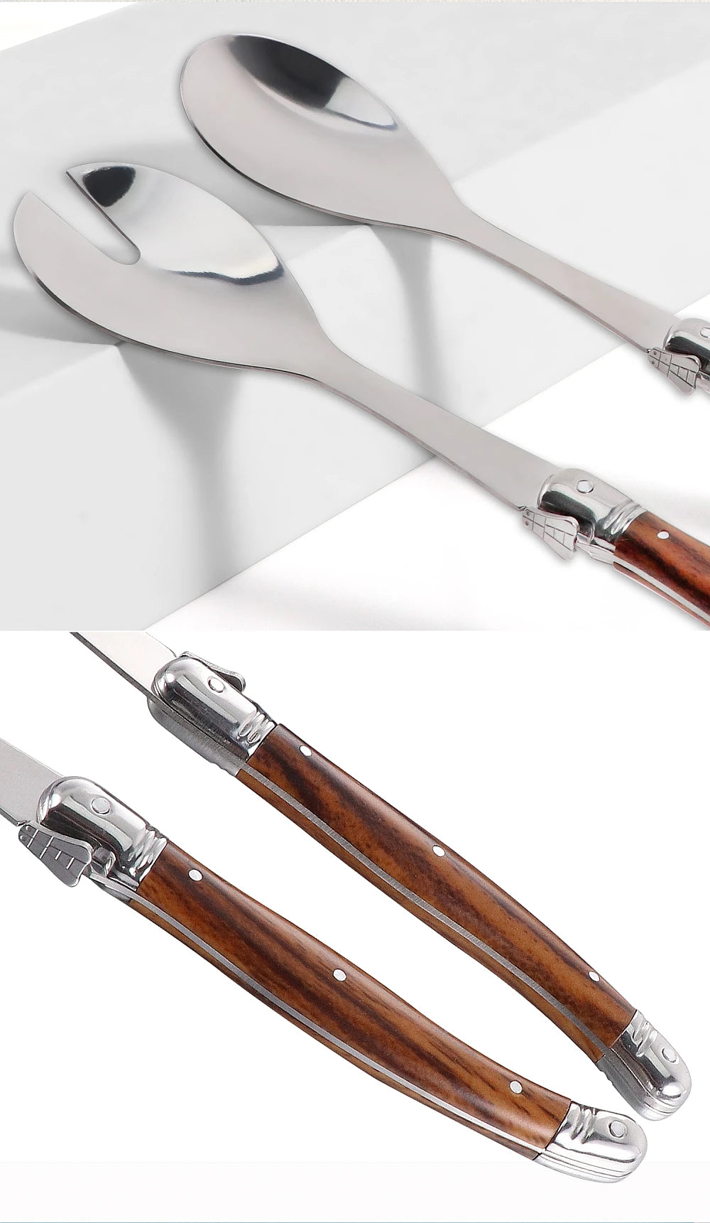 2pc/Set Stainless Steel Salad Spoons Laguiole Style Salad Stirring Spoon Slotted Spoon Wood Grain Plastic Salad Serving Utensils