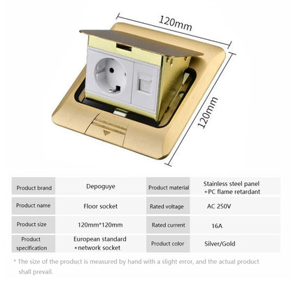 European standard hidden pop-up computer floor socket 120*120mm Gold Stainless Steel Kitchen Bedroom waterproof USB outlet plug