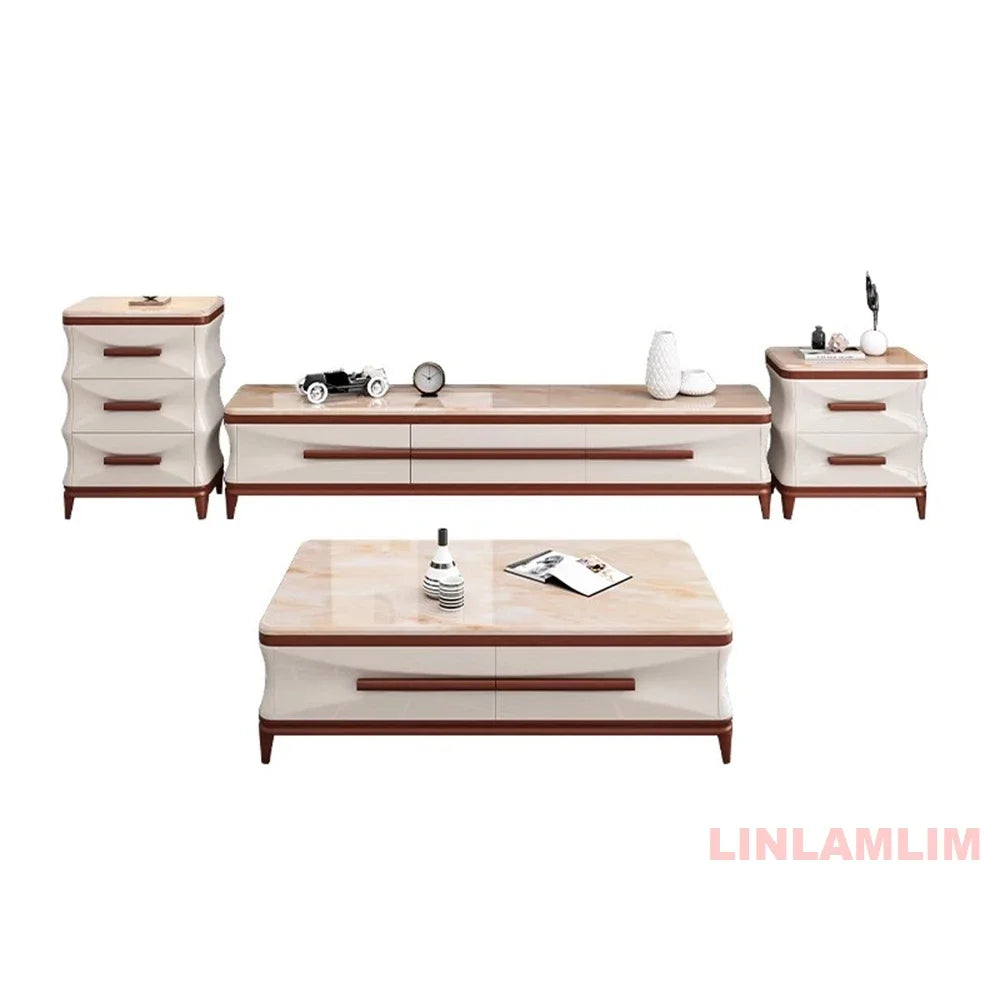 Linlamlim Modern Luxury Living Room Furniture - Coffee Table, TV Stand, and Side Cabinets with Marble Finish and Wooden Accents
