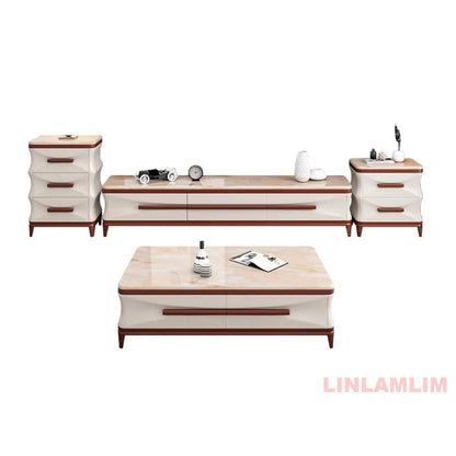 Linlamlim Modern Luxury Living Room Furniture - Coffee Table, TV Stand, and Side Cabinets with Marble Finish and Wooden Accents