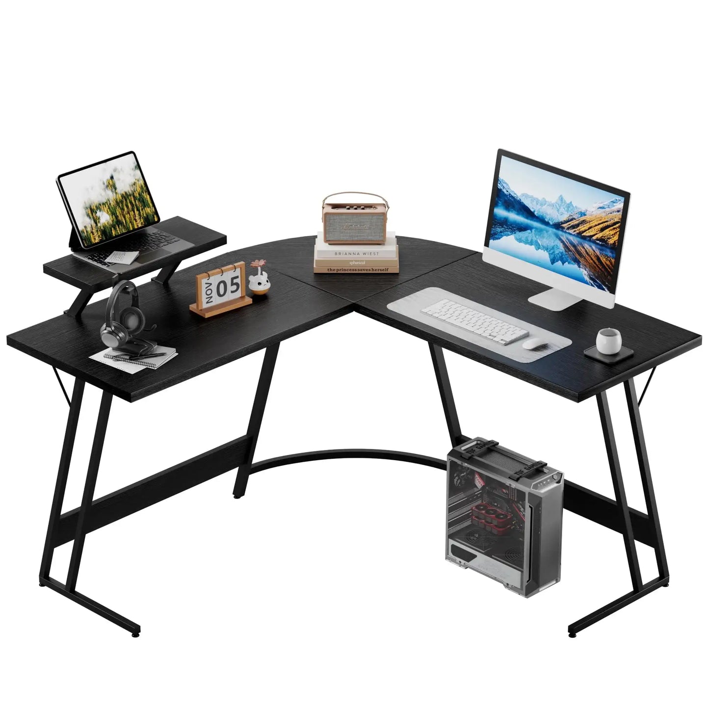 Computer Desk, L Shaped Gaming Computer Corner Desk PC Gaming Table with Large Monitor Riser Stand , Desk Computer