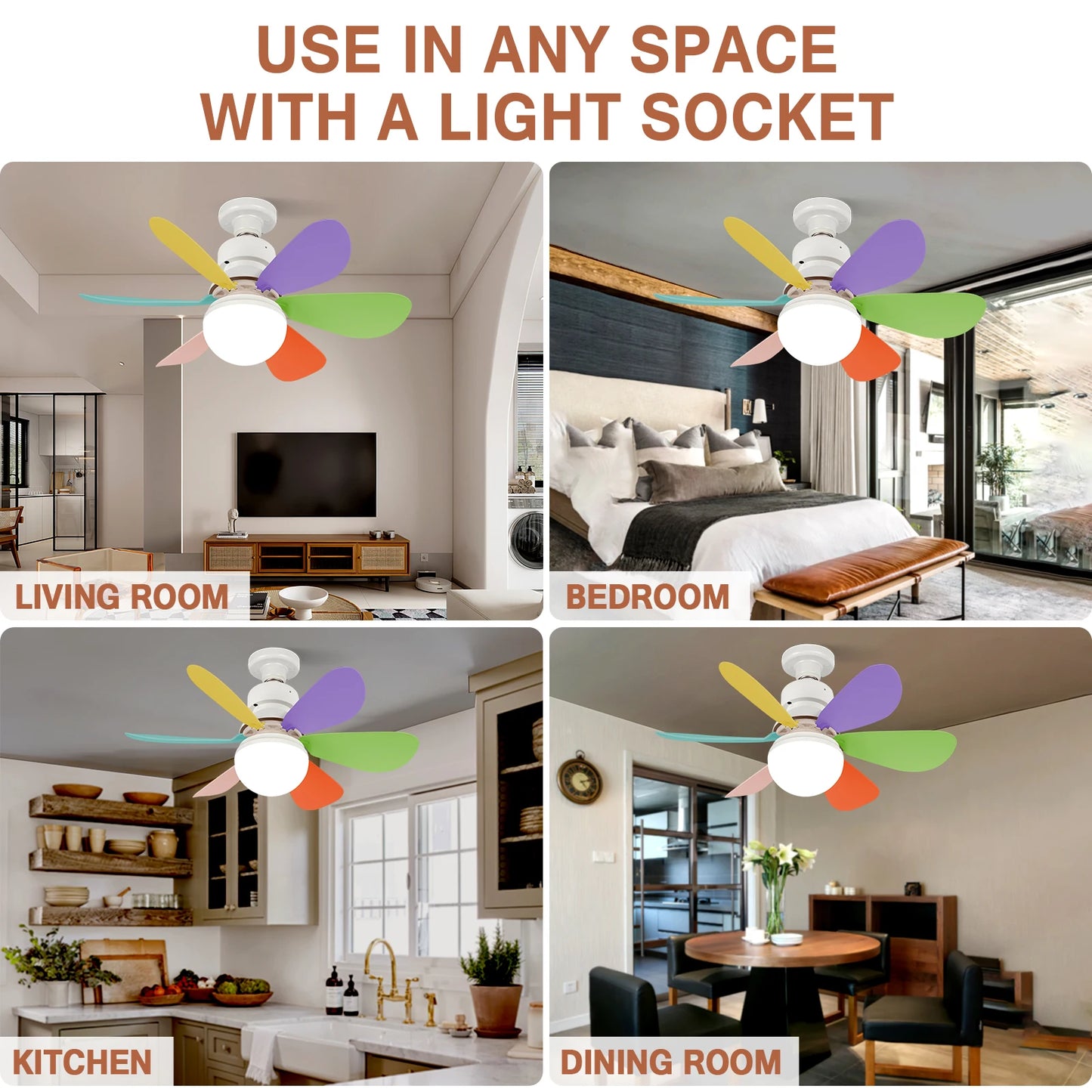 Home E27 Base Ceiling Fan Light with 30W LED Night Lights 3 Adjustable Lighting Modes Remote Control High Wind Power Ceiling Fan