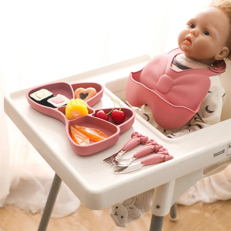 5Pc-Set Baby Cute Silicone Dining Plate Spoon Set for Baby Feeding Bow Bibs Straws Pad Fork Spoon Maternal Infant Supplies Gifts