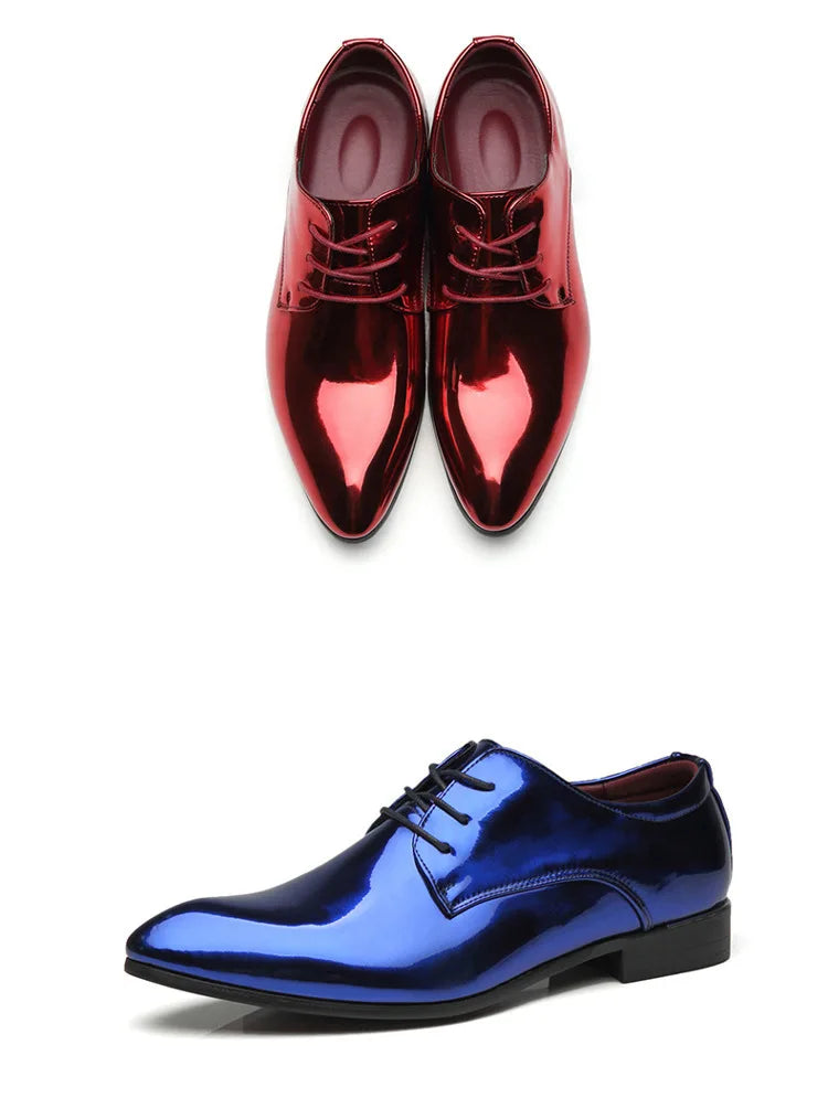 Fashion Trend Patent Leather Men Wedding Shoes Gold Blue Red White Oxfords Shoes Designer Pointed Toe Dress Shoes Big Size 37-48