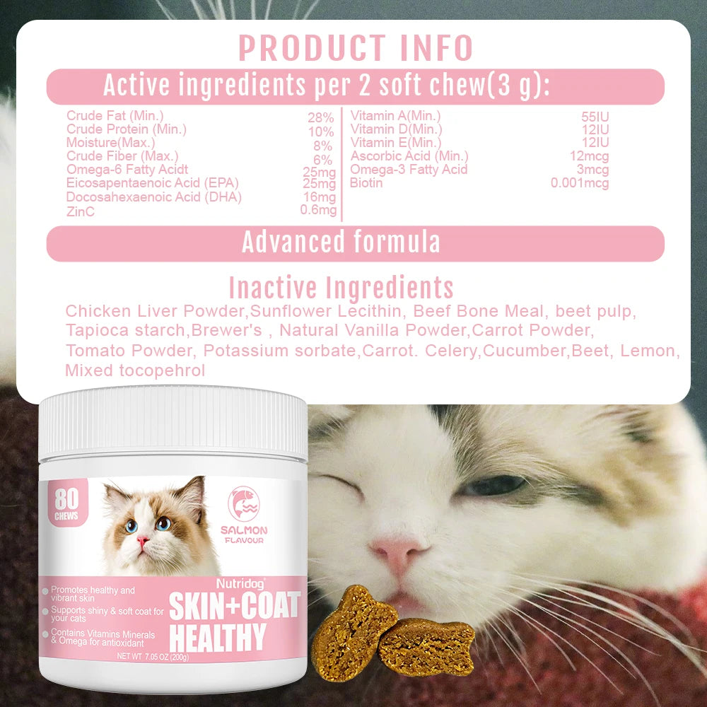 Skin & Coat Cat Chews - Omega 3, Vitamin E, Biotin Supplements for Healthy Skin, Glossy Coat & Anti - Shedding, Salmon Flavor