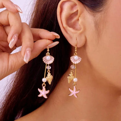 Fashion Asymmetric Ocean Style Earrings Stud  For Women Starfish Shell Earring Ear Ring Imitation Pearl Zircon Jewelry Gift