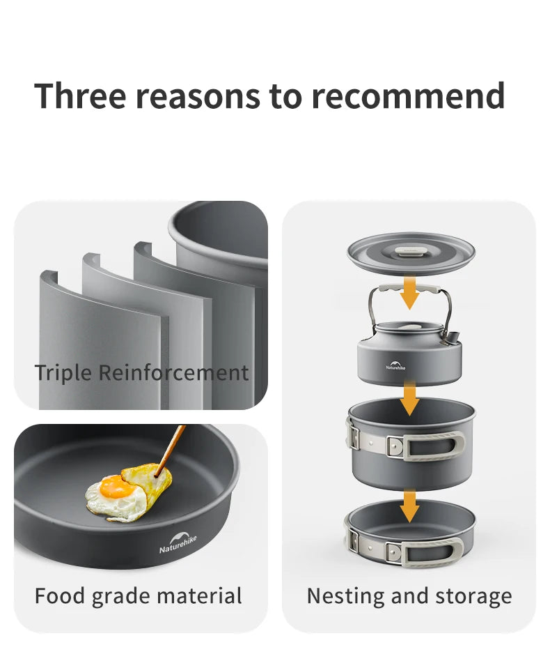Naturehike Camping Pot Set Aluminum Alloy Cookware Pot Set Portable Outdoor Picnic Tableware Camping Cookware Kit CNK2450CF010