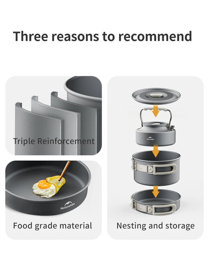 Naturehike Camping Pot Set Aluminum Alloy Cookware Pot Set Portable Outdoor Picnic Tableware Camping Cookware Kit CNK2450CF010