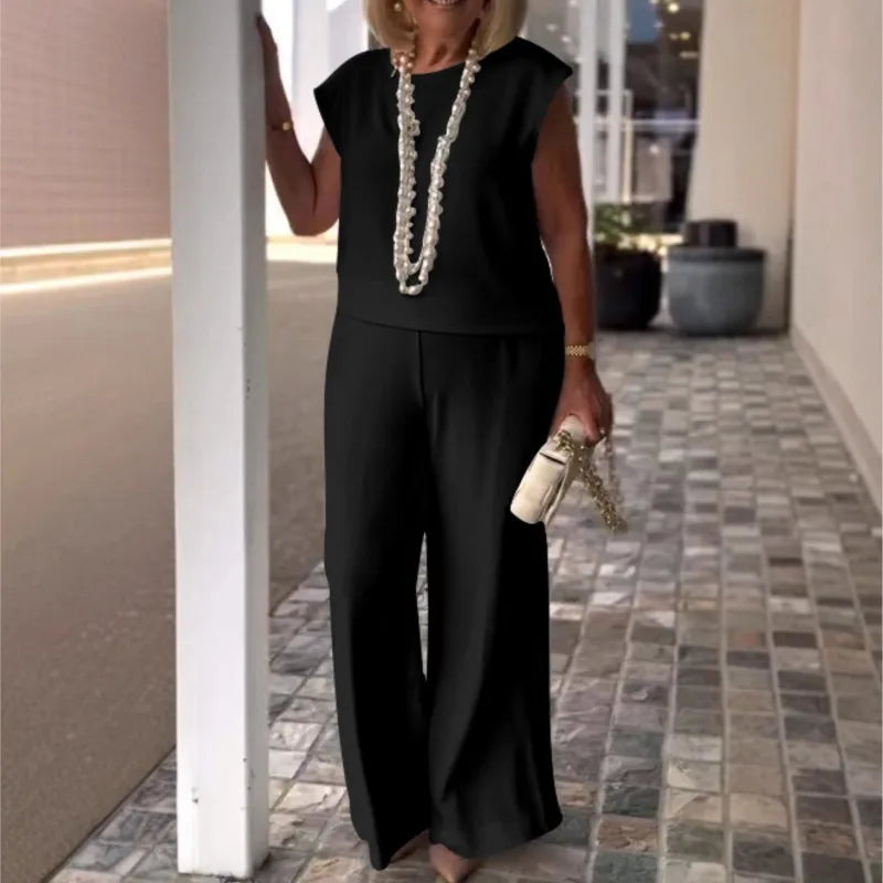 Elegant Women 2-piece Office Set 2025 Group Of Pant Outfit Ladies Temperament Sleeveless O-Neck Blouse Tops&Wide Leg Pants Suit