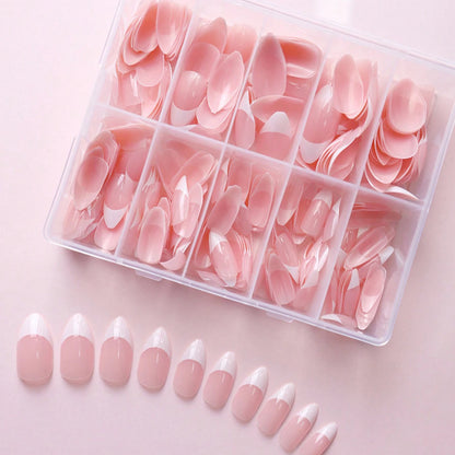 360Pcs/box Glossy Soft Gel Pink French Nail Tips Medium Almond White Simple Press On Nails 10Grids Huge Capacity False Nails*&