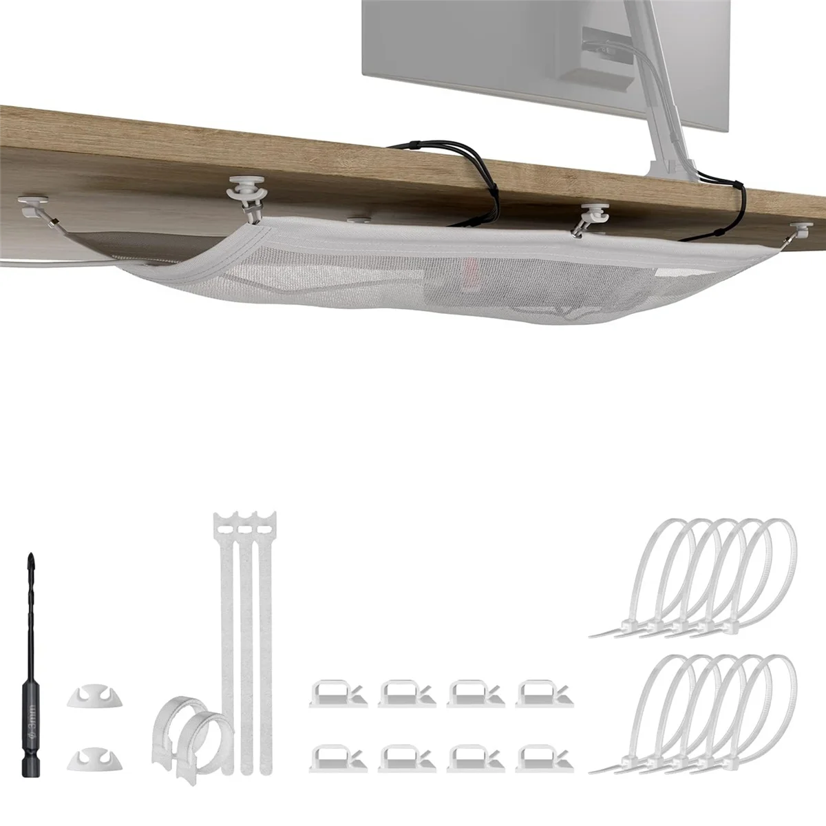 Cable Management Net - Under Desk Wire Management - Flexible Under Desk Cable Management Tray White A DY