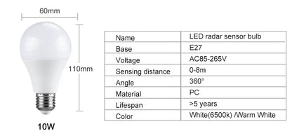 Radar Sensor LED Bulb E27 Motion Sensor Light Bulbs Smart LED Lamp Energy Saving Bombillas For Porch Stair Hallway Garage Lights
