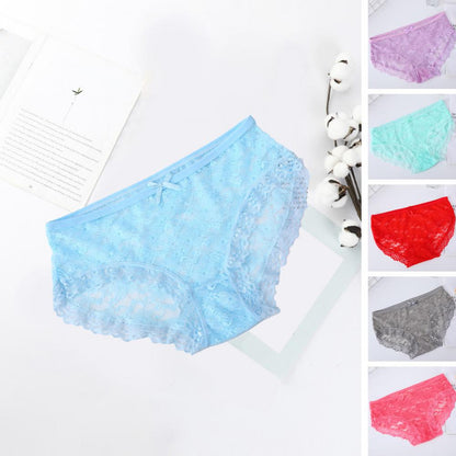 Women Panties Mid Waist Breathable Stretch Hollow Bowknot Soft See-through Lace Sexy Ladies Briefs Underpants Underwear