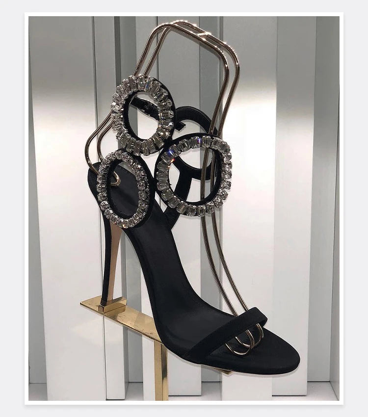 2024 New Dress Wedding Shoes with One Word Water Diamond Fine Heel Roman Women's Sandals