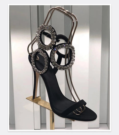 2024 New Dress Wedding Shoes with One Word Water Diamond Fine Heel Roman Women's Sandals