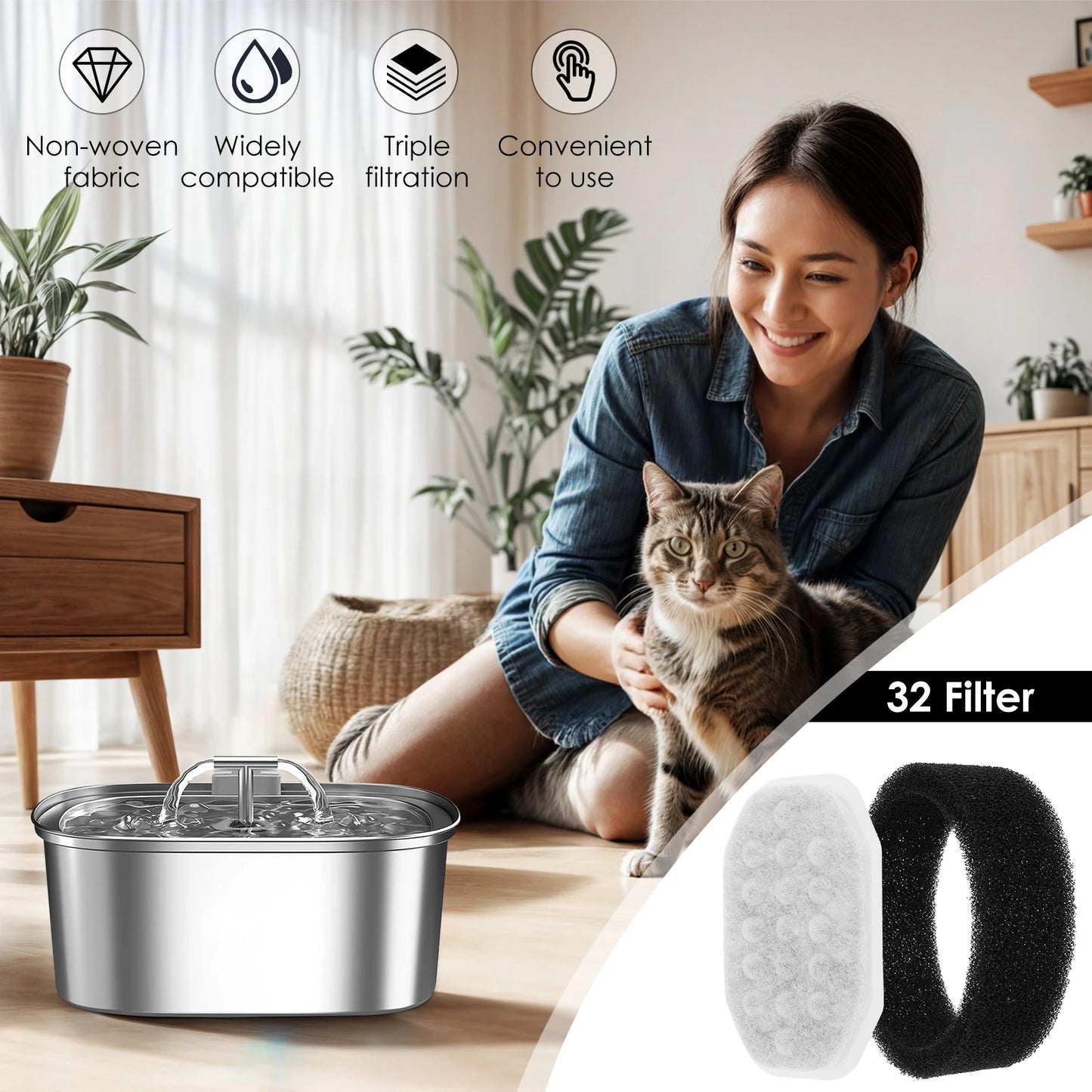 Pet Water Fountain Filter Replacement and Sponge 3 Filtration System Compatible with 3.2L Stainless Steel Cat Water Fountain