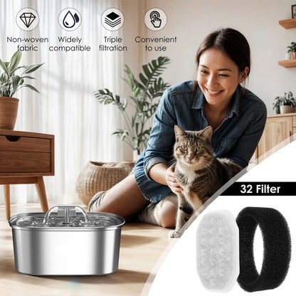 Pet Water Fountain Filter Replacement and Sponge 3 Filtration System Compatible with 3.2L Stainless Steel Cat Water Fountain
