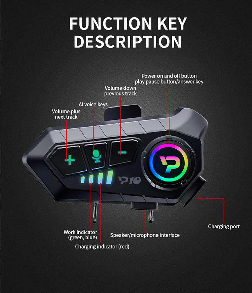 Bluetooth Motorcycle Helmet Headset 5.3 Wireless IPX6 Waterproof Noice Reduction Earphone 2000mah Long Standby Handsfree