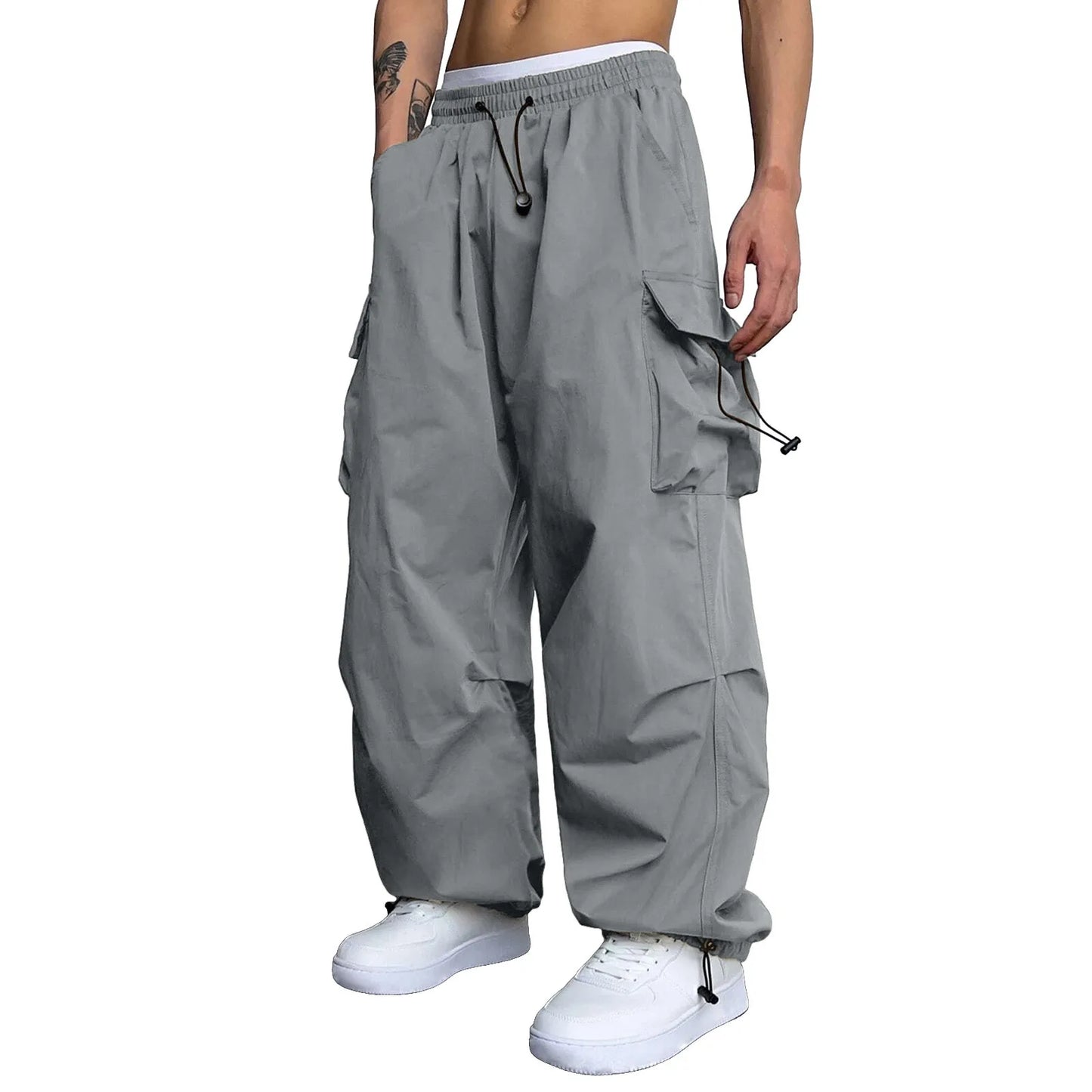 Mens Casual Sports Cargo Pants Woven Pocket Foot Rope Street Tie Solid Pants Mens Multi-Pockets Cargo Pants Pantalones Hombre