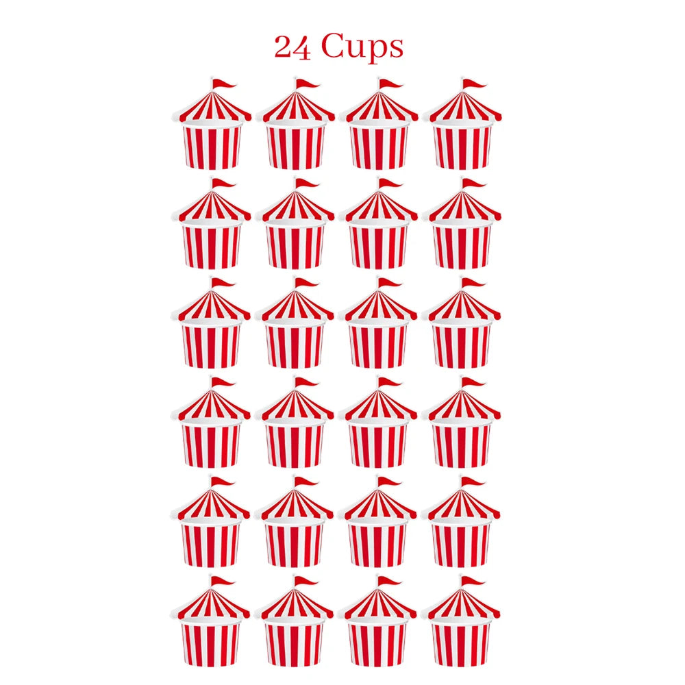 24Pcs Ice Cream Cups with 100 Spoons Carnival Party Circus Tent Shaped 8 oz Paper Carnival Cup Red White Striped Snack Cup Party