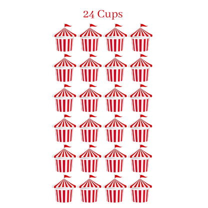 24Pcs Ice Cream Cups with 100 Spoons Carnival Party Circus Tent Shaped 8 oz Paper Carnival Cup Red White Striped Snack Cup Party