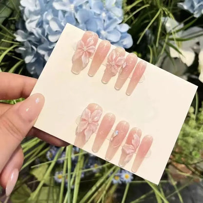 10Pcs Handmade Gradient Pink Fake Nails Long Press On Nails French False Nails 3D Pink Flowers Decor Wearable Press on Nails