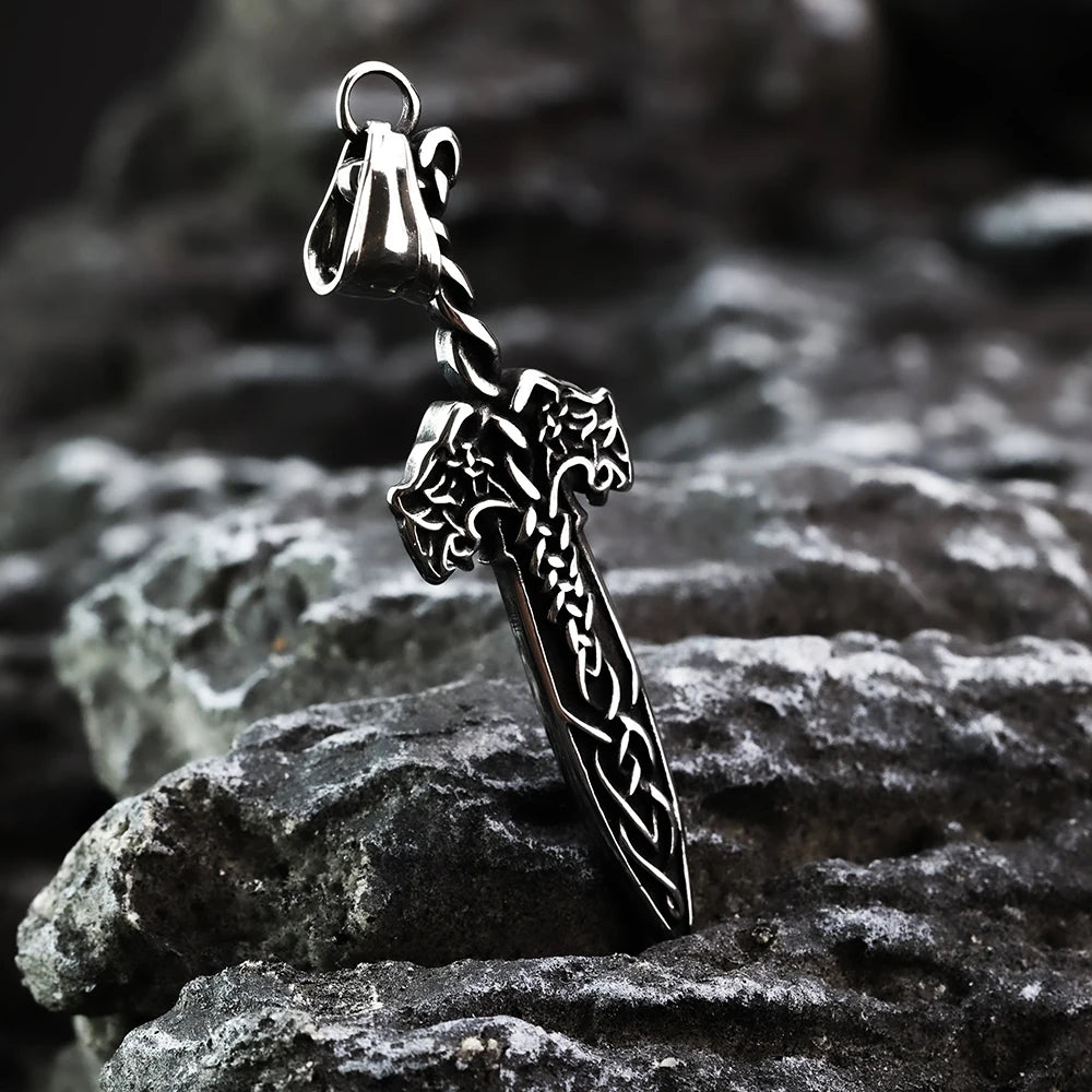 Viking Pendant Double Wolf Celtic Knot Rune Sword Men's Pendant Fashion Stainless Steel Jewelry