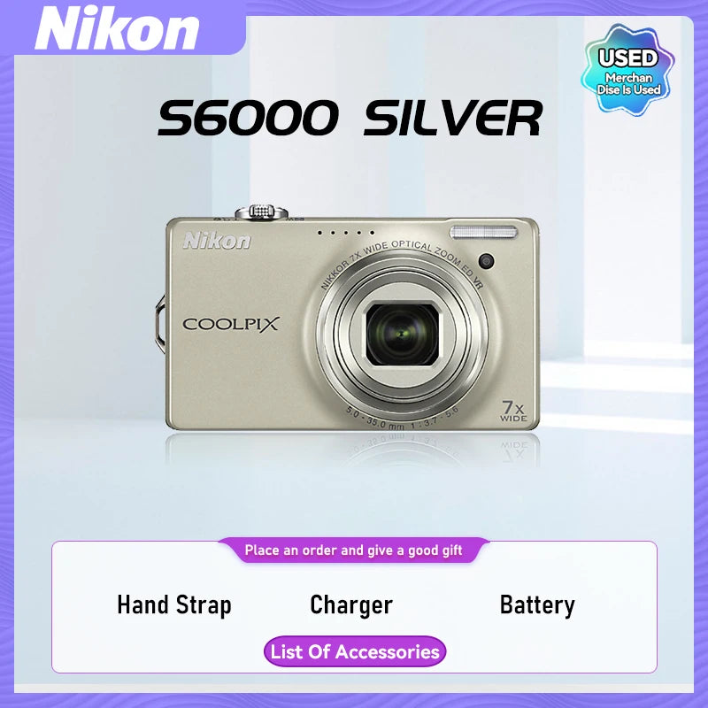 Nikon COOLPIX S6000 S6100 S6200 Portable Small Card Digital Camera 10X Optical Zoom Lens 16.00MP 720P HD Video Cameras（Used）
