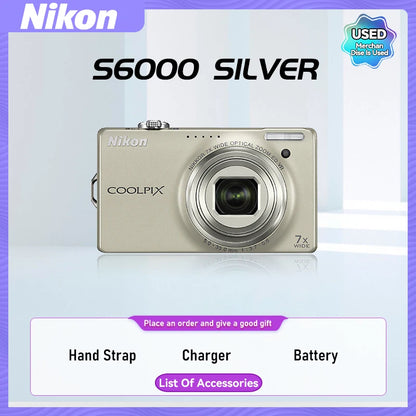 Nikon COOLPIX S6000 S6100 S6200 Portable Small Card Digital Camera 10X Optical Zoom Lens 16.00MP 720P HD Video Cameras（Used）