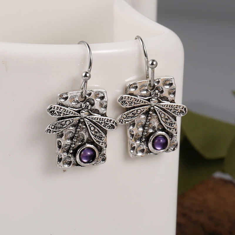 Amethyst Drop Earrings Boho Dragonfly Dangle Earrings For Women Unique Artisan Handmade Jewelry
